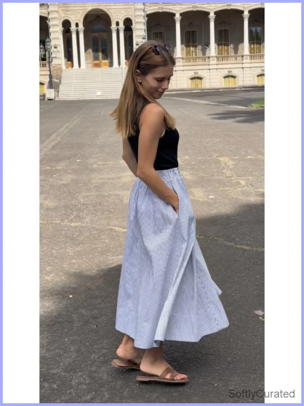 Women's A-Line Midi Skirt with Pockets Cotton Flowy Elastic Waist Summer Beach